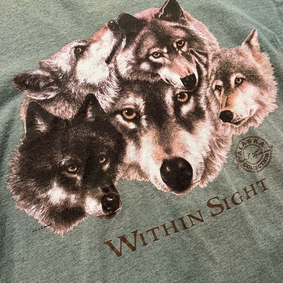 VTG 90's Wolf "Within Sight" Green Comedy Alpha Wolf Pack T Shirt L 20 x 28 - Picture 2 of 6